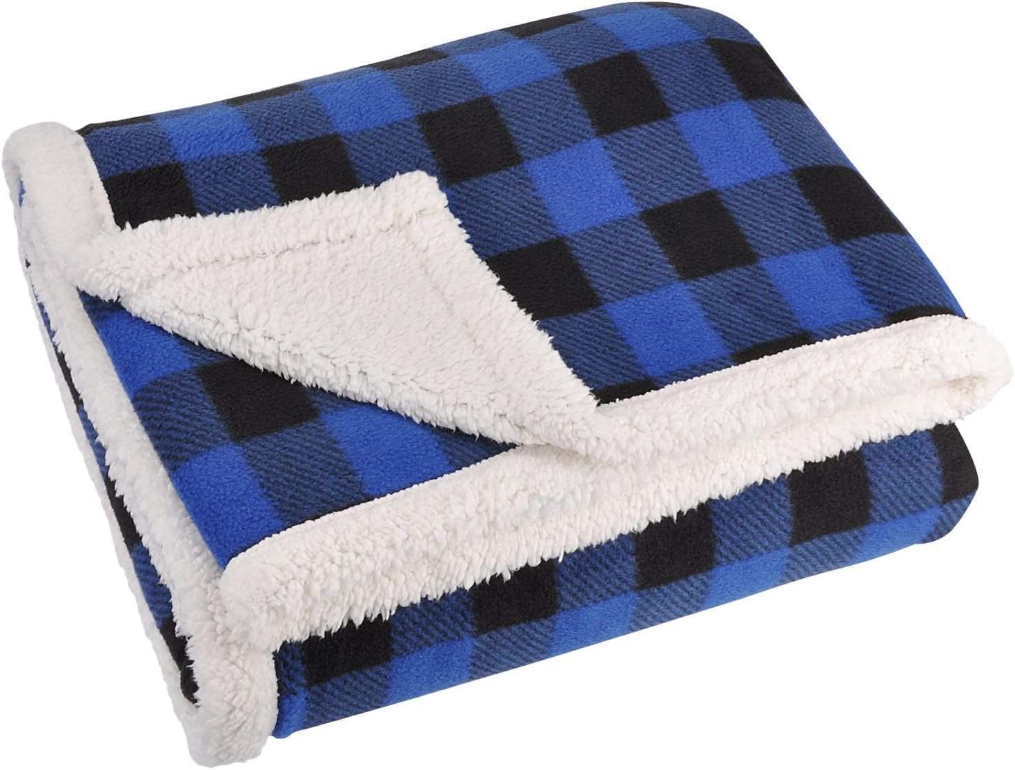 Blue Buffalo Plaid Sherpa Throw TV Blanket 50" X 60", Super Soft Warm Comfy Plush Fleece Bedding Couch Cabin Throw Decorative Blanket