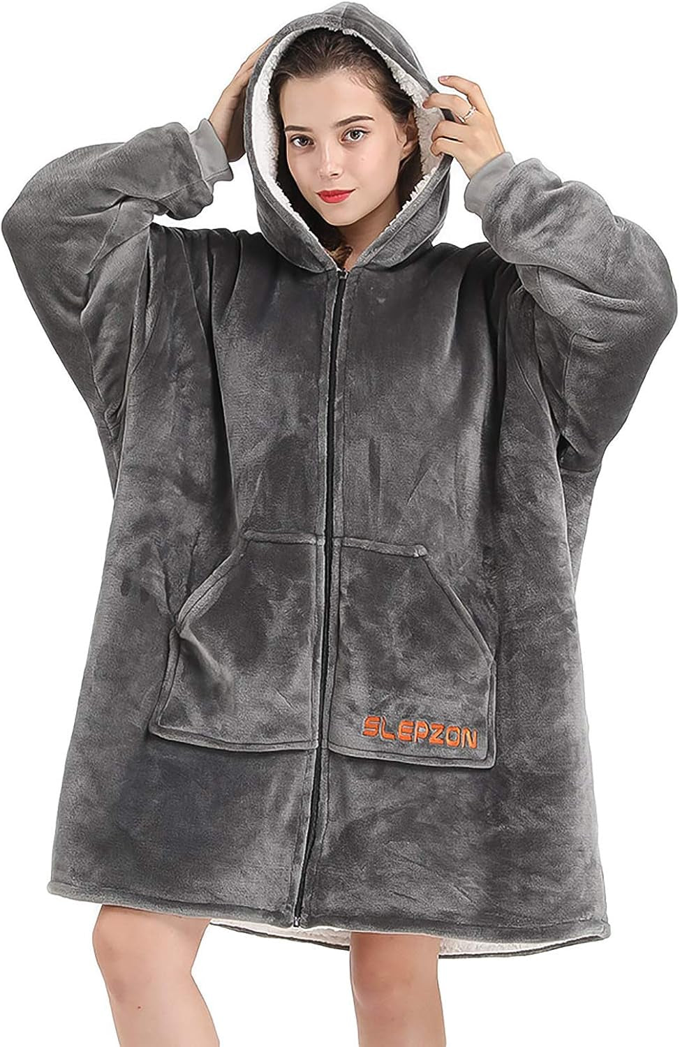 Blanket Hoodie | Oversized Wearable Blanket - Deep Pockets, Comfy Sleeves, Front Zipper - Deluxe Fleece Sweatshirt Blanket - Grey