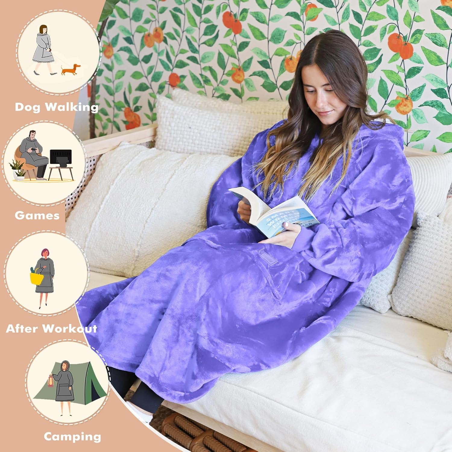 Extra Long Oversized Hoodie Blanket Sweatshirt Comfortable Sherpa Giant Wearable Blankets Christmas Gifts for Adults Men Women Teenagers Wife Girlfriend Purple
