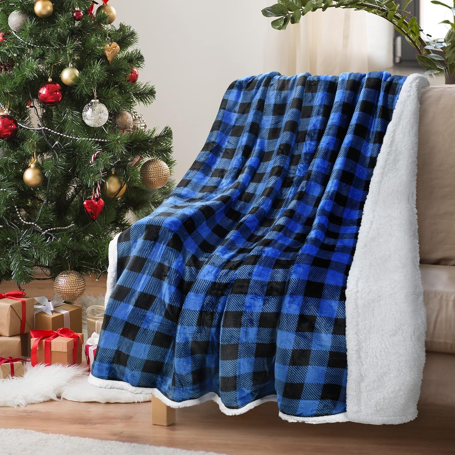 Blue Buffalo Plaid Sherpa Throw TV Blanket 50" X 60", Super Soft Warm Comfy Plush Fleece Bedding Couch Cabin Throw Decorative Blanket