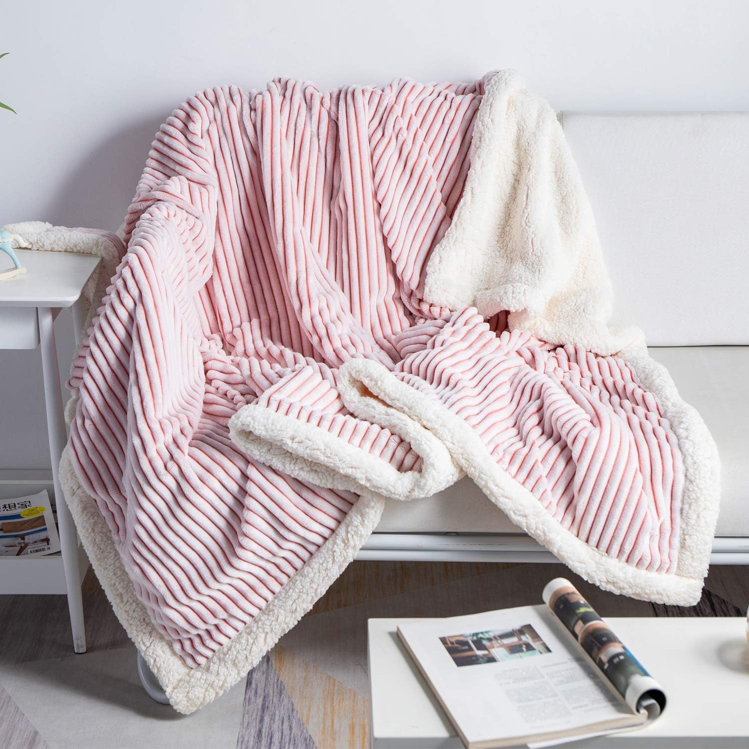 Sherpa Fleece Blanket 71X80, Pink & White Soft, Plush, Fluffy, Warm, Cozy, Thick Perfect for Couch, Bed, Sofa, Chair - Reversible Queen Size Blanket
