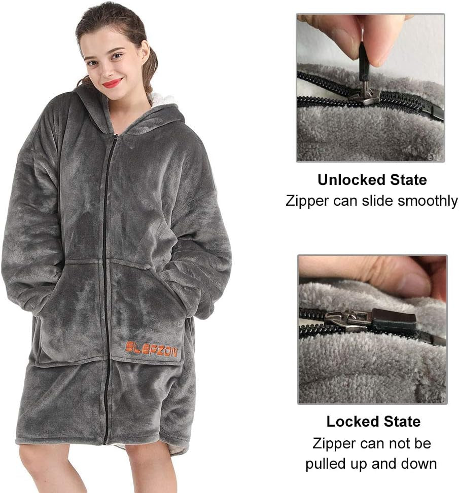 Blanket Hoodie | Oversized Wearable Blanket - Deep Pockets, Comfy Sleeves, Front Zipper - Deluxe Fleece Sweatshirt Blanket - Grey