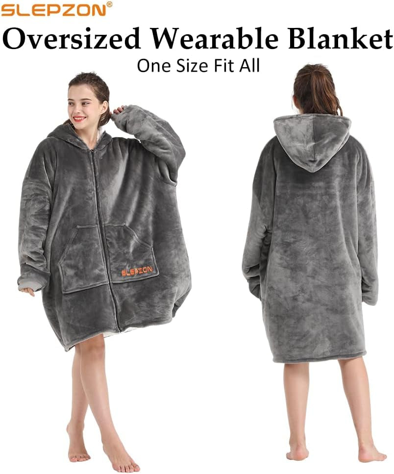 Blanket Hoodie | Oversized Wearable Blanket - Deep Pockets, Comfy Sleeves, Front Zipper - Deluxe Fleece Sweatshirt Blanket - Grey