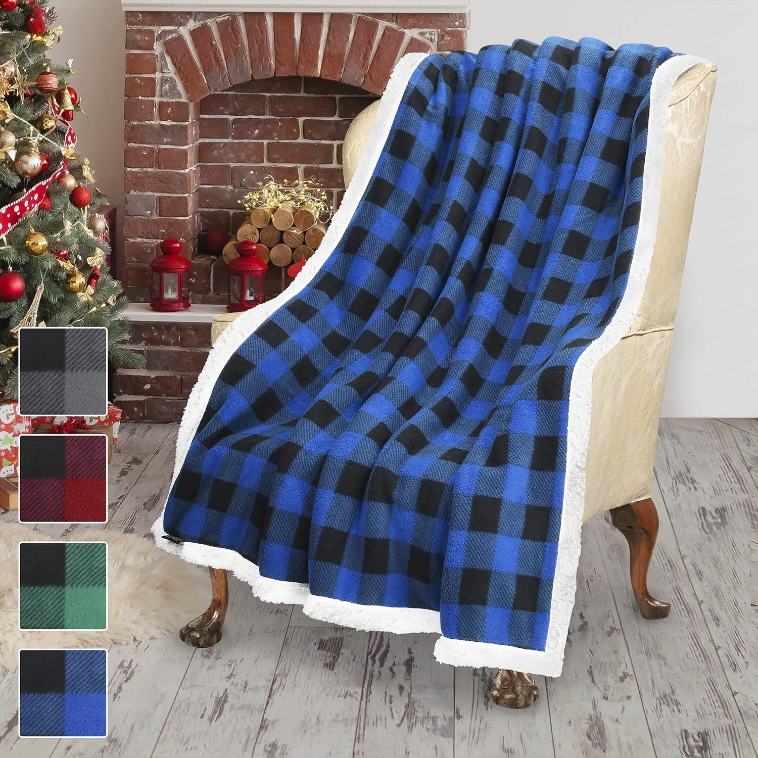 Blue Buffalo Plaid Sherpa Throw TV Blanket 50" X 60", Super Soft Warm Comfy Plush Fleece Bedding Couch Cabin Throw Decorative Blanket