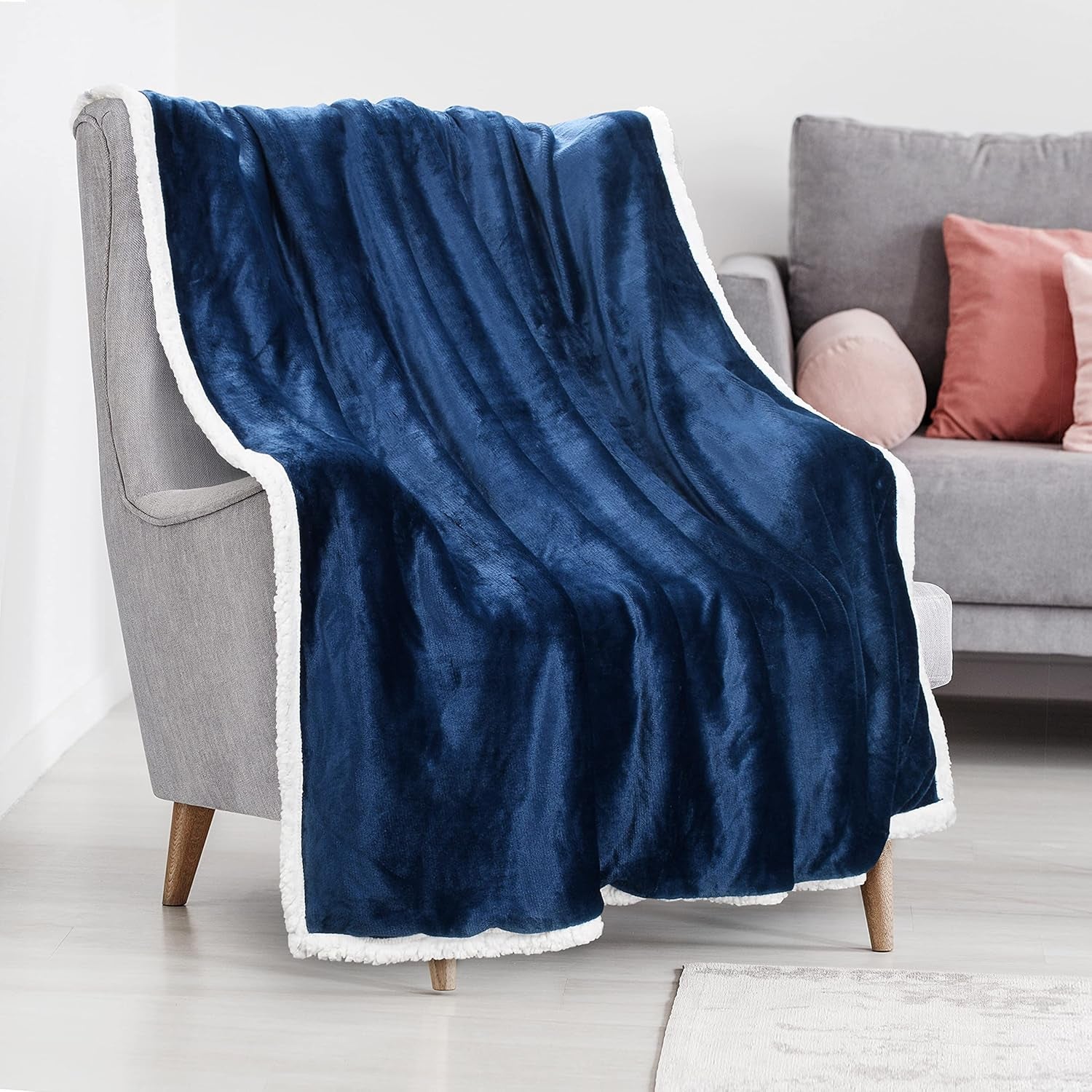 Blue Sherpa Throw Plush Blanket Size 50" X 60" Bedding Fleece Reversible Blanket for Bed and Couch, Super Soft Comfy Warm Fuzzy TV Blanket