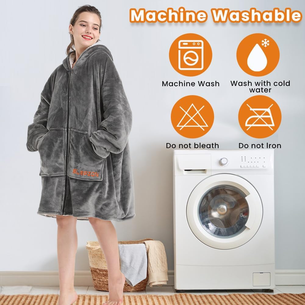 Blanket Hoodie | Oversized Wearable Blanket - Deep Pockets, Comfy Sleeves, Front Zipper - Deluxe Fleece Sweatshirt Blanket - Grey