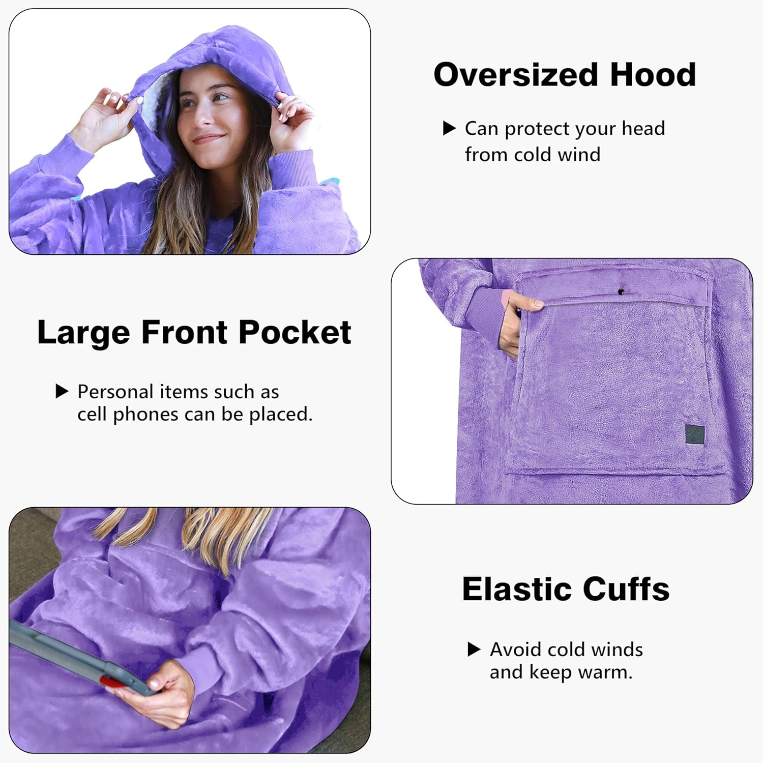 Extra Long Oversized Hoodie Blanket Sweatshirt Comfortable Sherpa Giant Wearable Blankets Christmas Gifts for Adults Men Women Teenagers Wife Girlfriend Purple