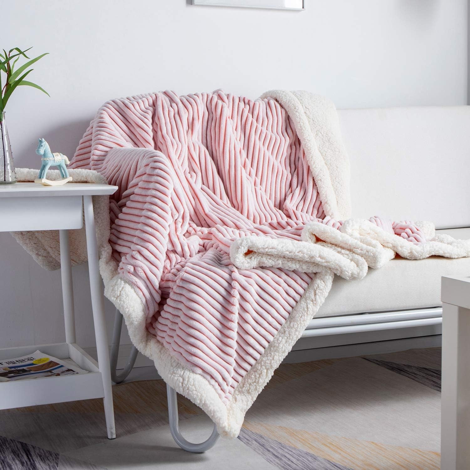 Sherpa Fleece Blanket 71X80, Pink & White Soft, Plush, Fluffy, Warm, Cozy, Thick Perfect for Couch, Bed, Sofa, Chair - Reversible Queen Size Blanket