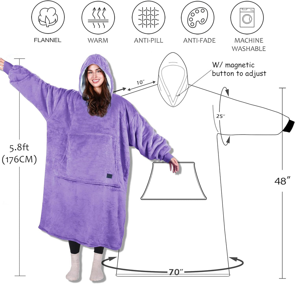 Extra Long Oversized Hoodie Blanket Sweatshirt Comfortable Sherpa Giant Wearable Blankets Christmas Gifts for Adults Men Women Teenagers Wife Girlfriend Purple
