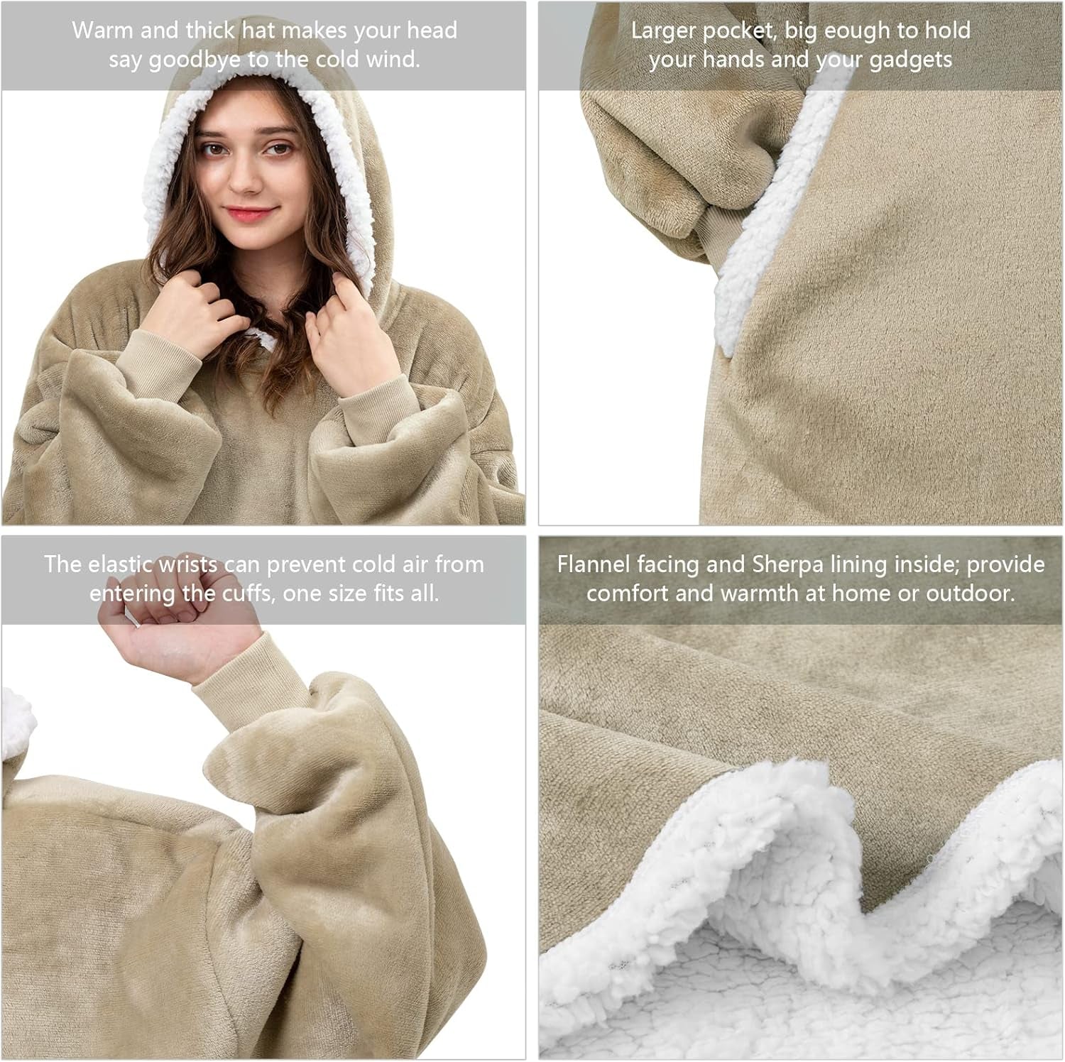 Blanket Hoodie Wearable Blanket, Super Soft Warm Oversized Blanket Sweatshirt Flannel Sherpa Blanket