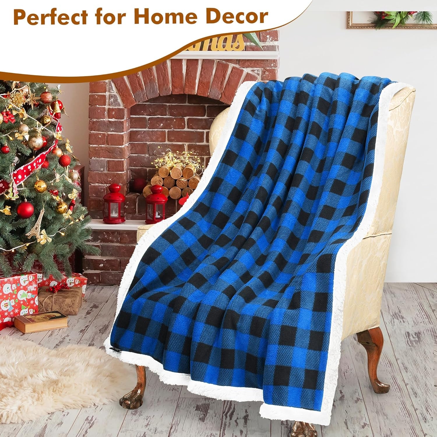 Blue Buffalo Plaid Sherpa Throw TV Blanket 50" X 60", Super Soft Warm Comfy Plush Fleece Bedding Couch Cabin Throw Decorative Blanket