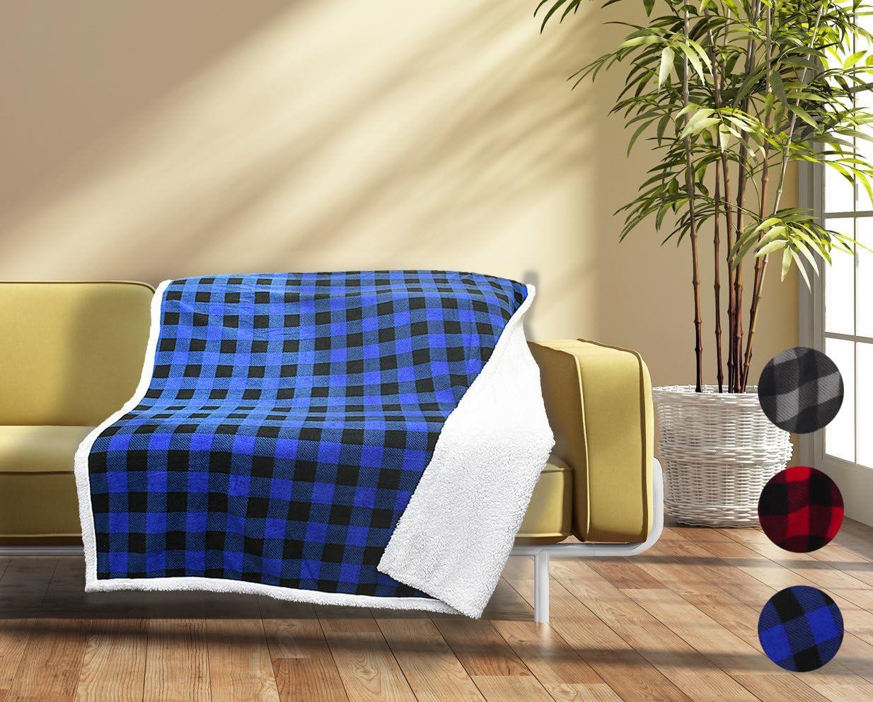 Blue Buffalo Plaid Sherpa Throw TV Blanket 50" X 60", Super Soft Warm Comfy Plush Fleece Bedding Couch Cabin Throw Decorative Blanket