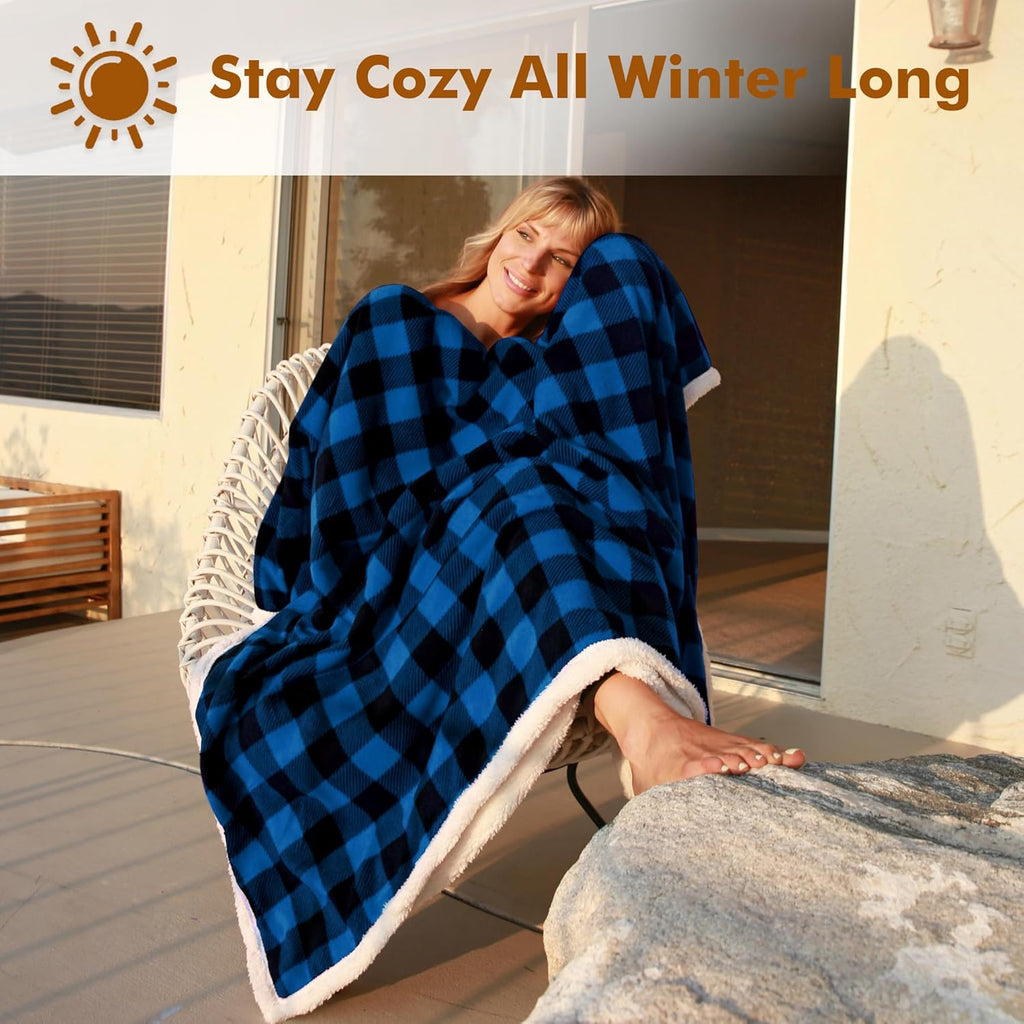Blue Buffalo Plaid Sherpa Throw TV Blanket 50" X 60", Super Soft Warm Comfy Plush Fleece Bedding Couch Cabin Throw Decorative Blanket