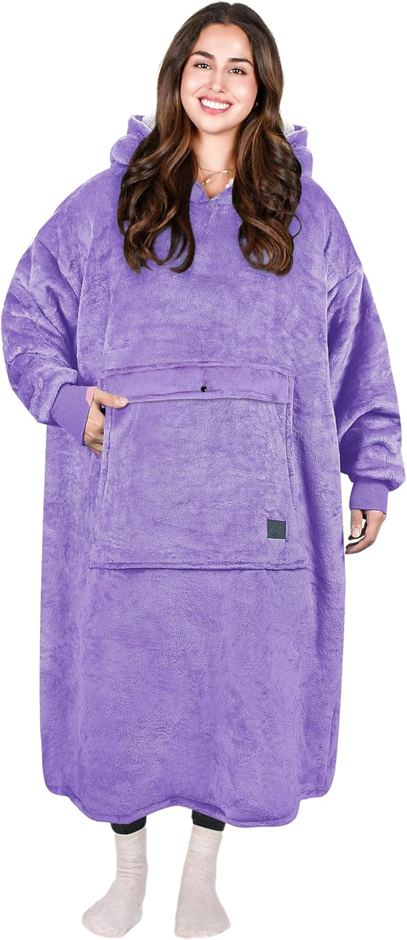 Extra Long Oversized Hoodie Blanket Sweatshirt Comfortable Sherpa Giant Wearable Blankets Christmas Gifts for Adults Men Women Teenagers Wife Girlfriend Purple