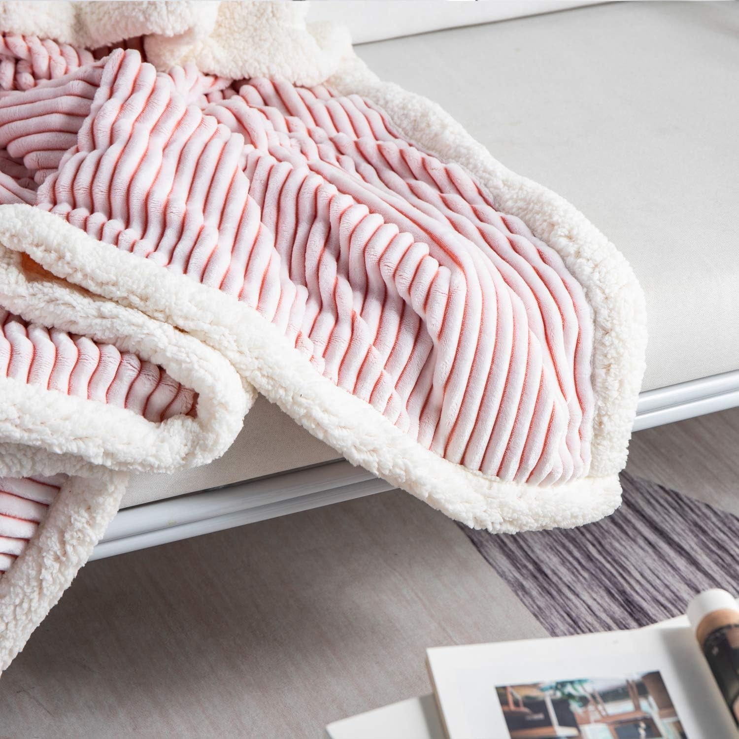 Sherpa Fleece Blanket 71X80, Pink & White Soft, Plush, Fluffy, Warm, Cozy, Thick Perfect for Couch, Bed, Sofa, Chair - Reversible Queen Size Blanket