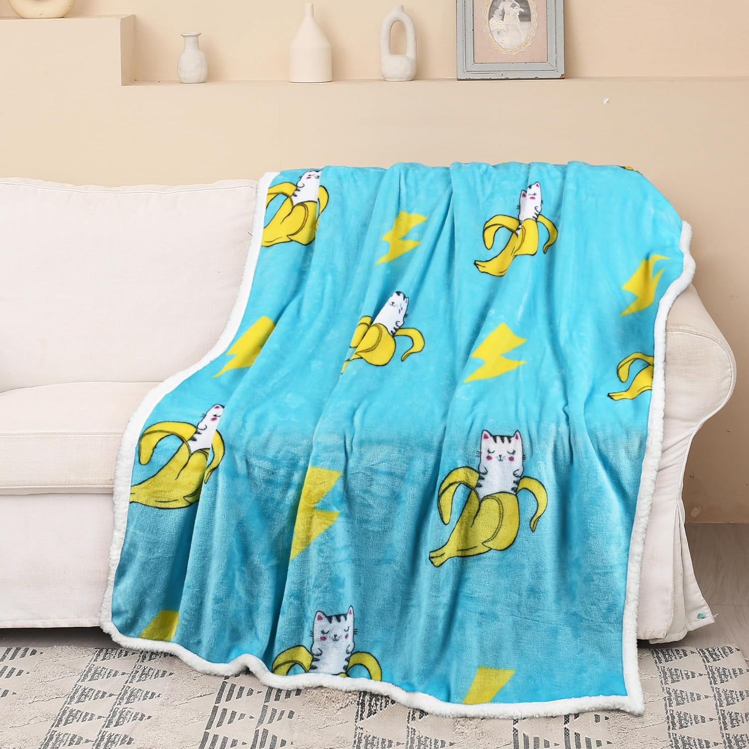 Banana Cat Print Sherpa Fleece Throw Blanket, Soft Mink Plush Couch Blanket, Fuzzy Fluffy Comfy Warm Throws, Comfort Caring Gift, 50X60 Inches